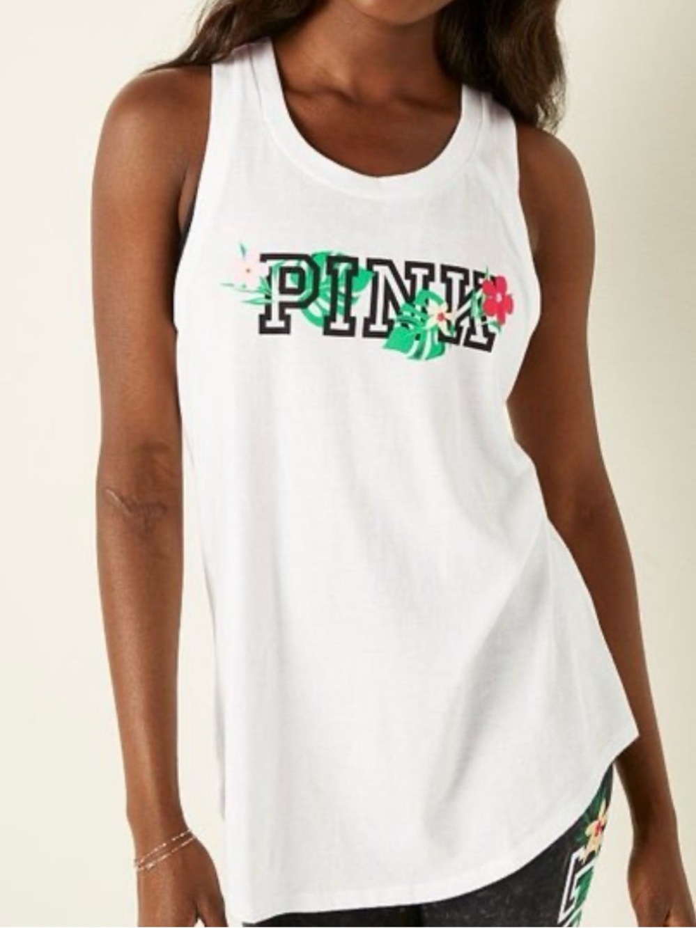 PINK Victoria's Secret White Tee with Black Logo and Tropical Floral Print